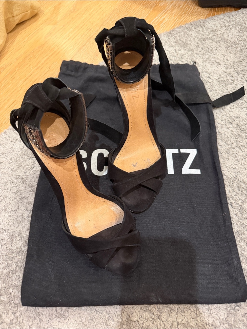 SCHUTZ Black Suede Ankle-Tie Heeled Sandals